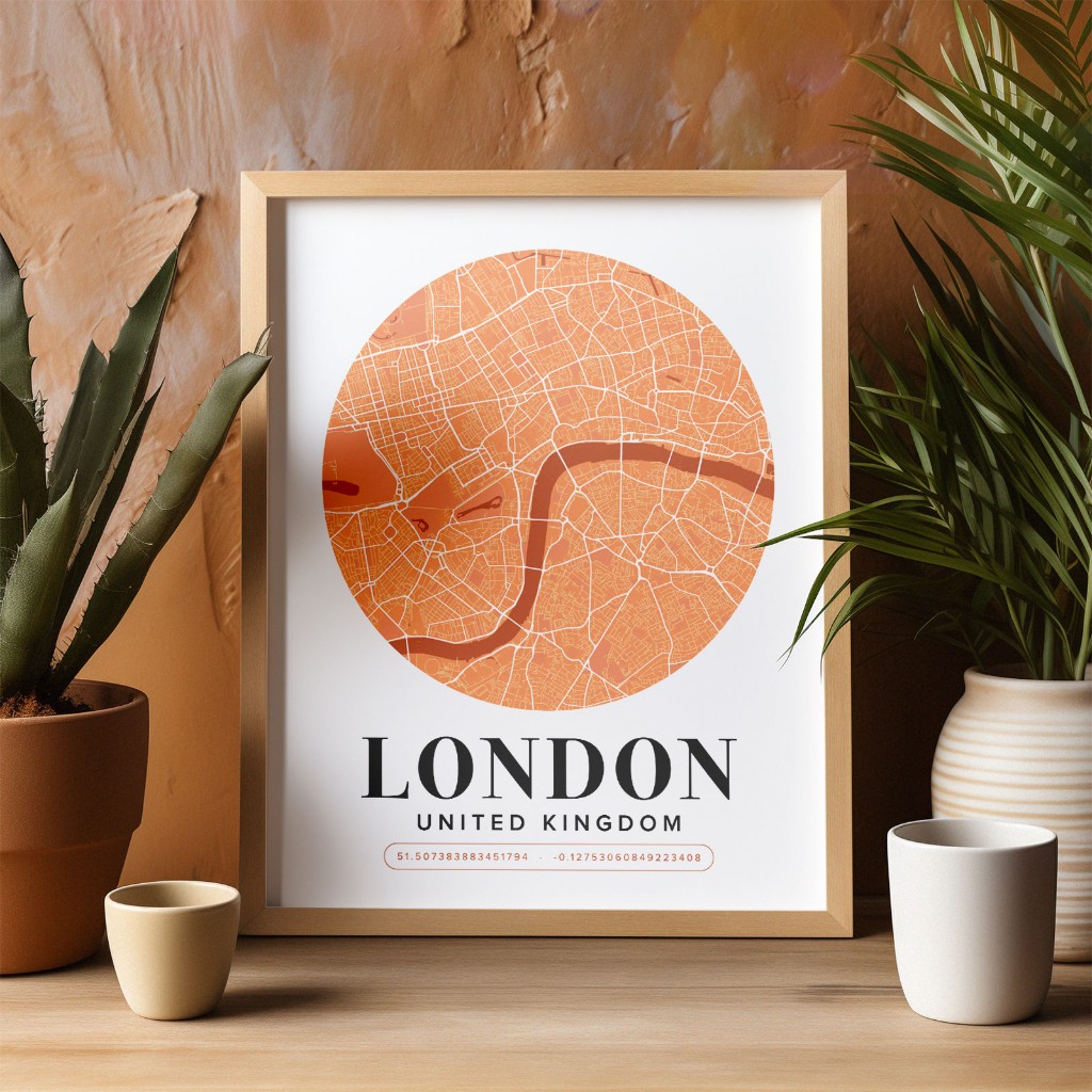 Framed London map print displayed as a finished product