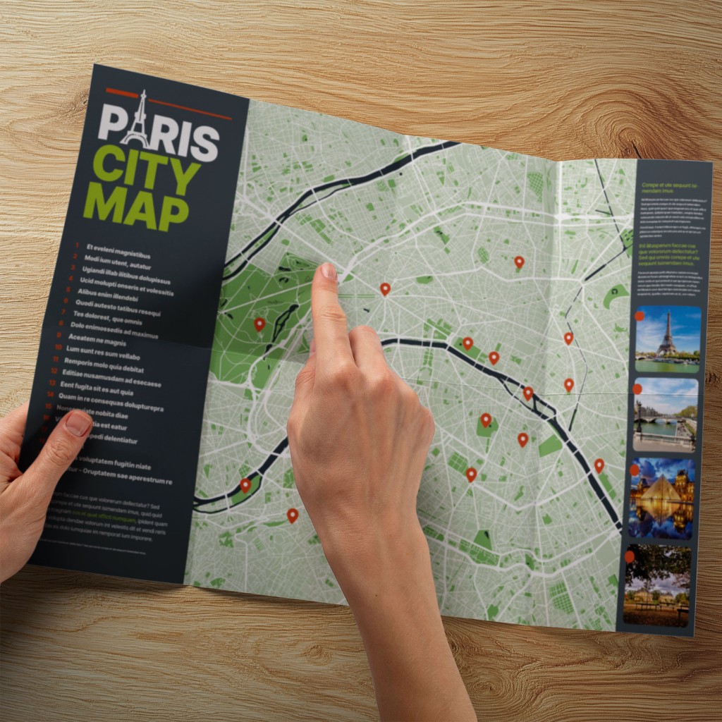 Printed Paris city map brochure used in a project